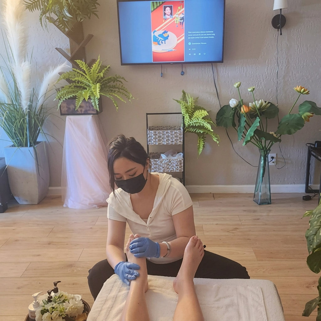 A Moonlight Valley therapist giving a foot reflexology treatment